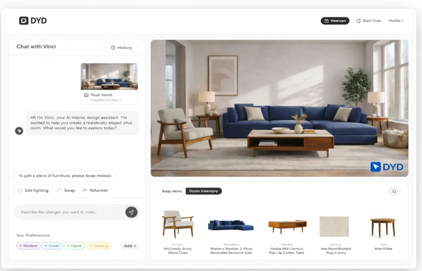 DYD SaaS platform dashboard interface displaying 3D furniture arrangement, wall texture customization, and inch-accurate room measurement tools