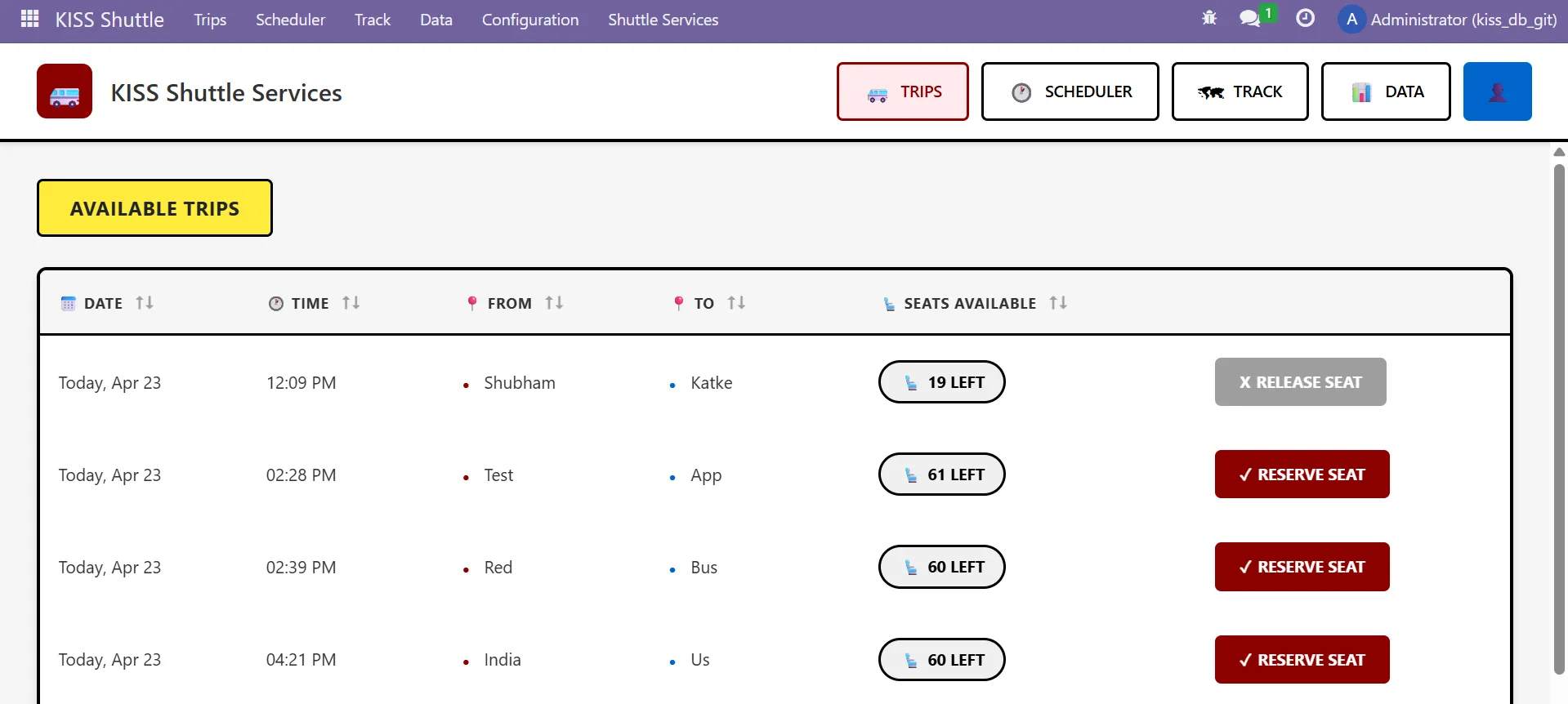 Available trips table in Odoo shuttle system showing route times, seat availability, and reserve seat actions.