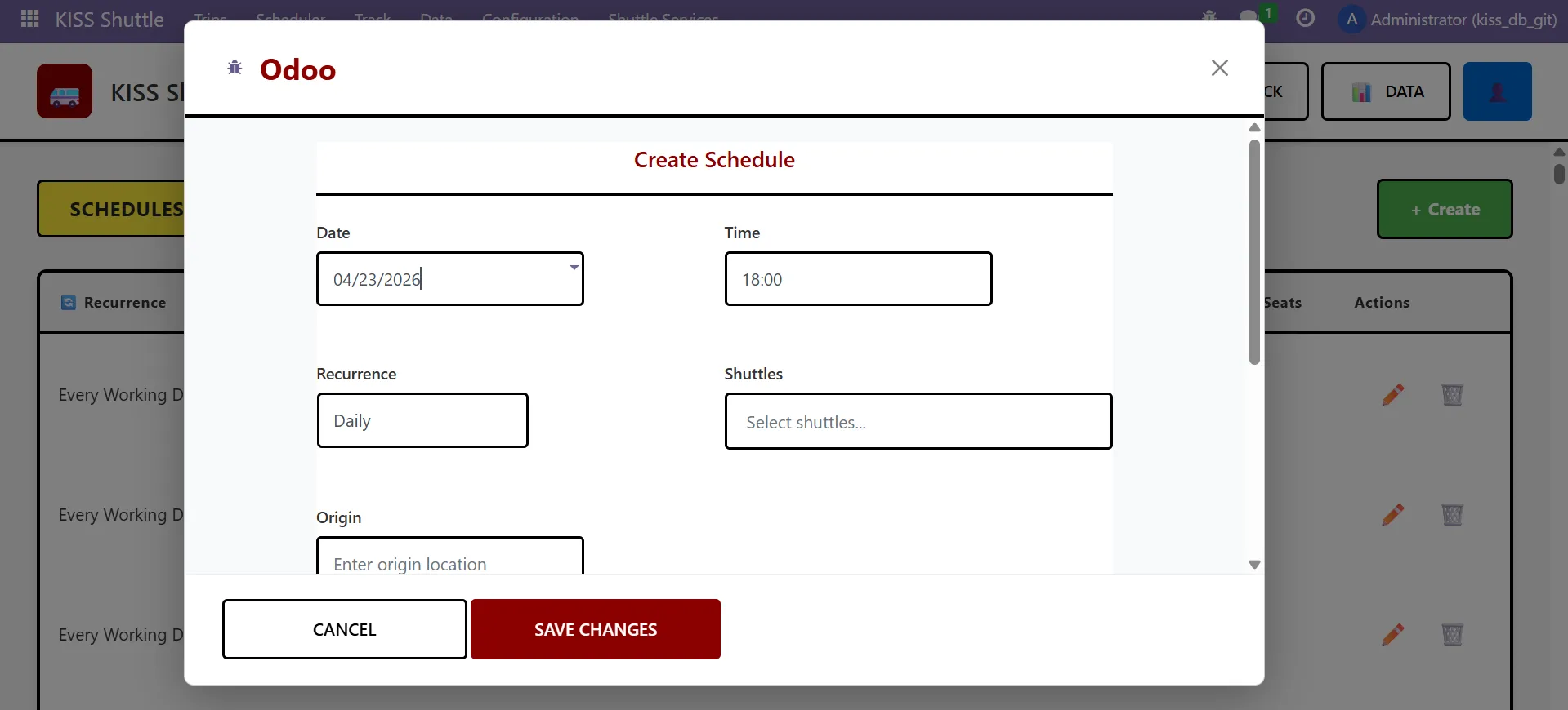 Odoo shuttle schedule form showing date, time, recurrence, shuttle selection, origin, and destination fields.