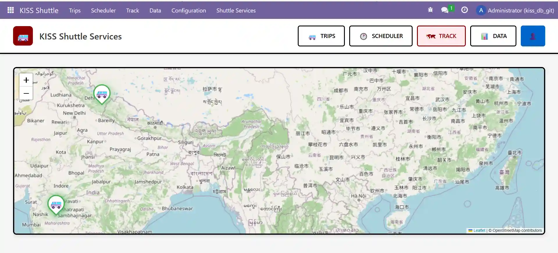 Live shuttle tracking map in Odoo showing active shuttle locations across routes.