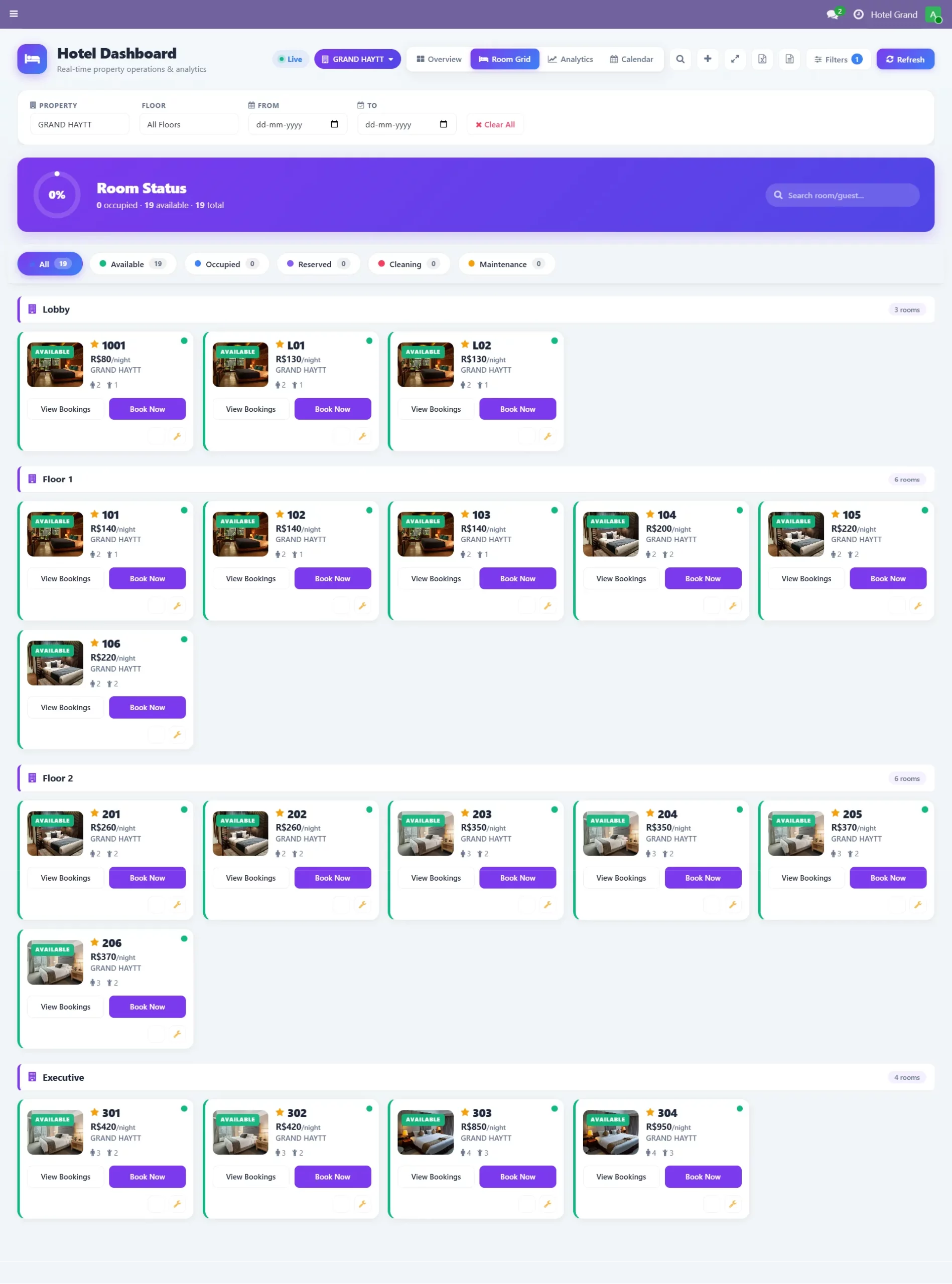 Odoo hotel room grid overview