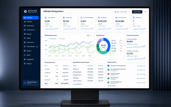 Dashboard for iGaming operators showing affiliate performance and payout metrics