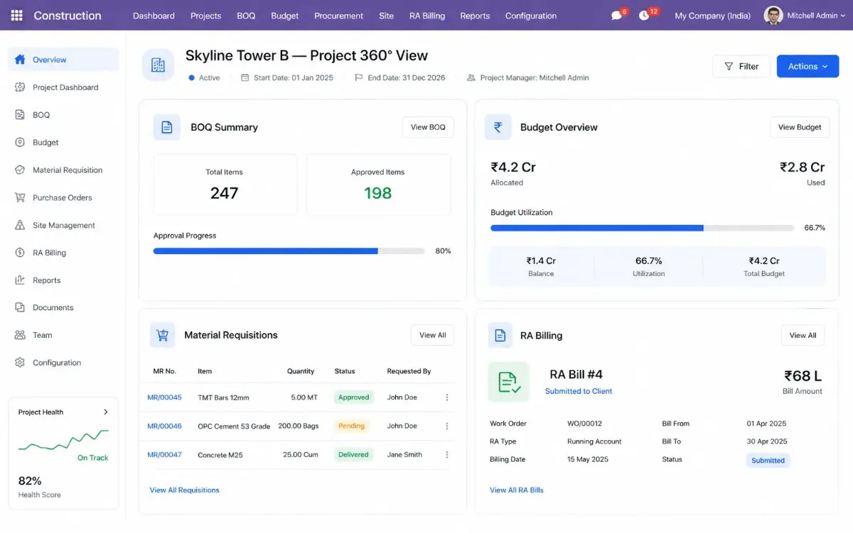 Construction ERP workflow inside Odoo showing project lifecycle management