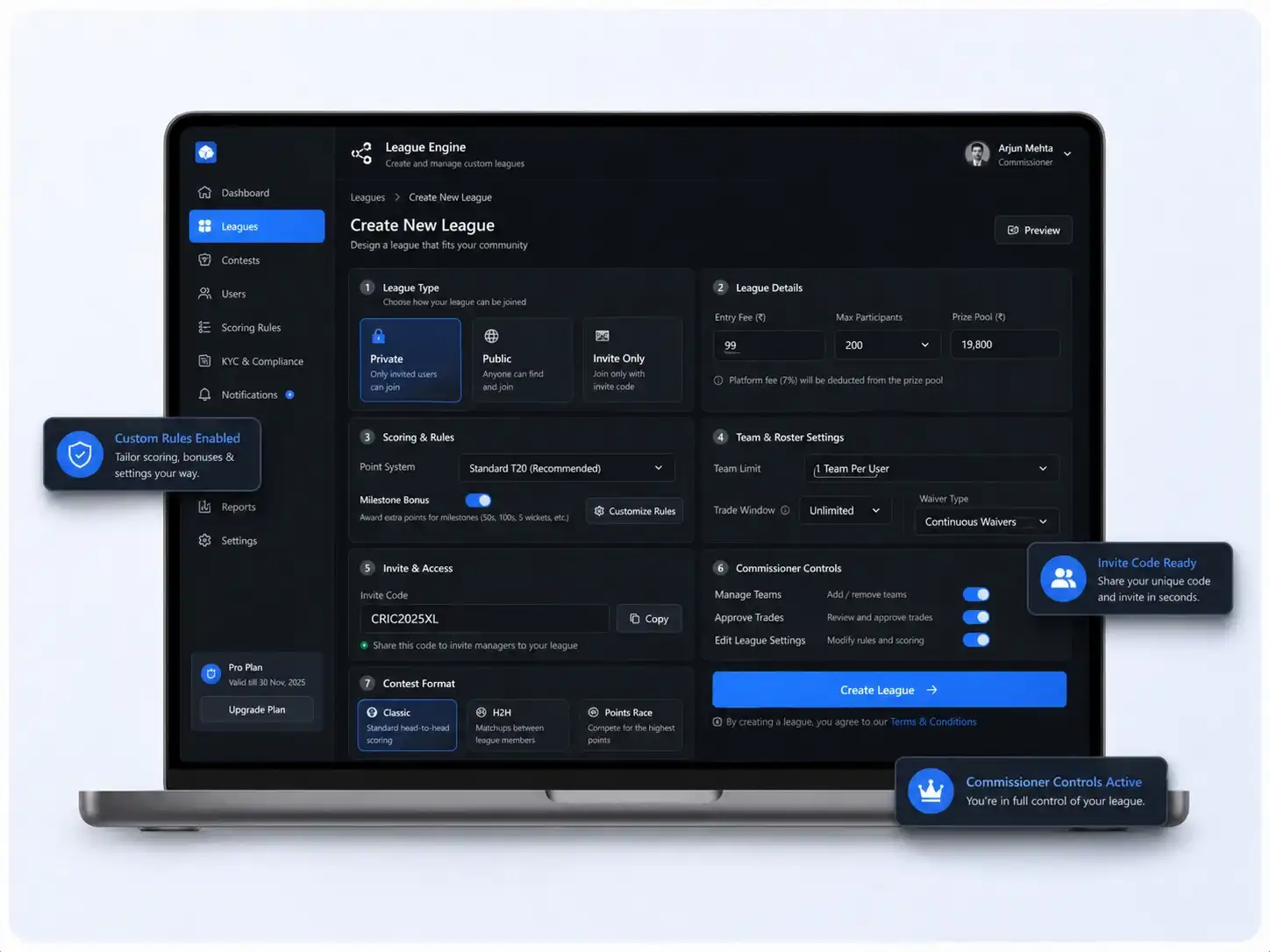 Customizable leagues fantasy sports