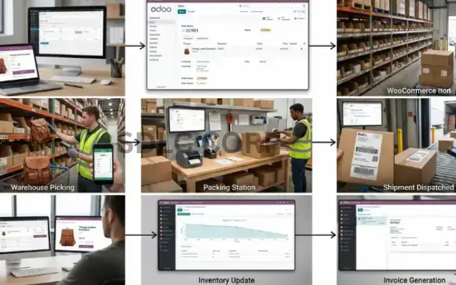 Comparison table of WooCommerce and Odoo sync features showing improvements in order entry, stock updates, and shipping, including a case study