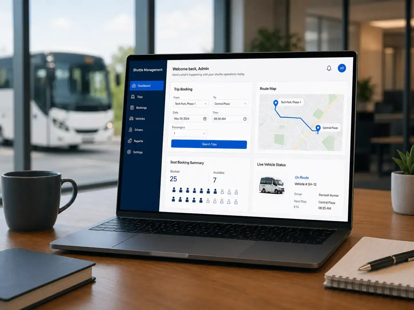 Odoo shuttle management system showing available trips and seat reservation screen