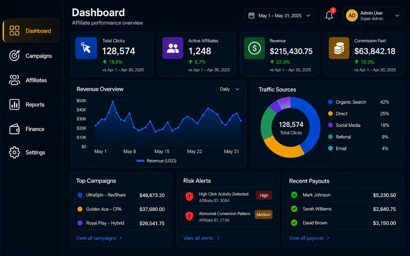 Dashboard for iGaming operators showing affiliate performance and payout metrics