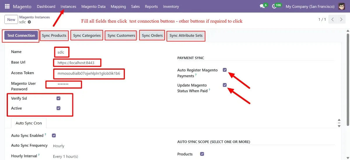 Magento Odoo connector configuration screen