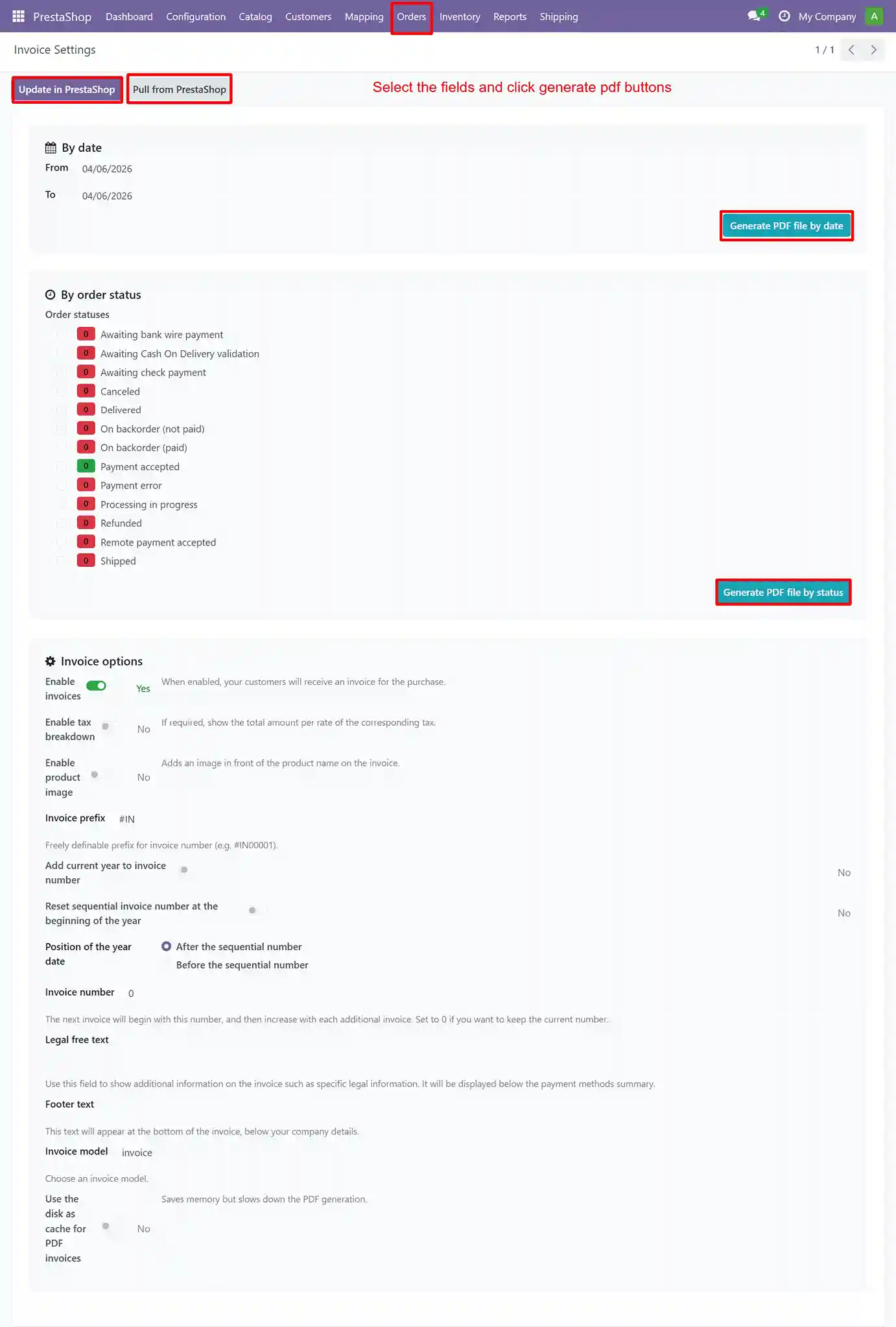PrestaShop invoice generation in Odoo