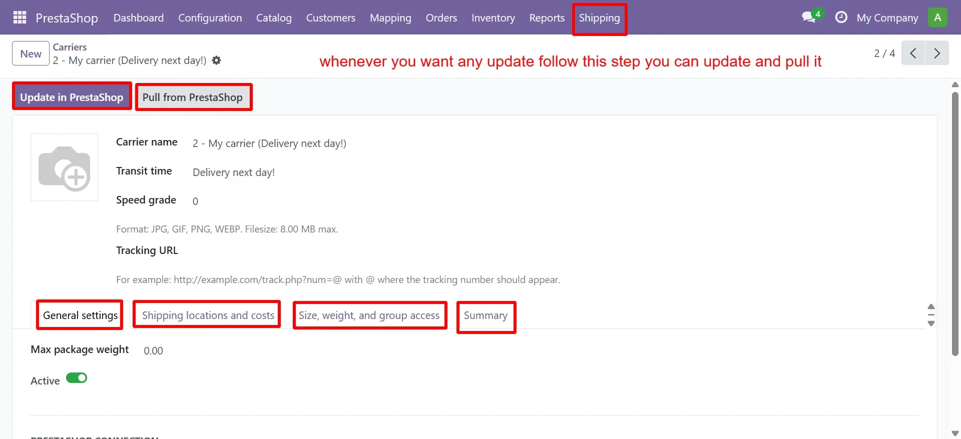 PrestaShop shipping carriers in Odoo
