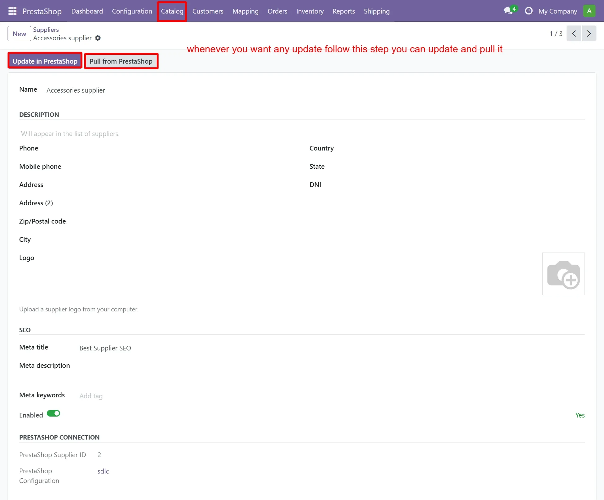 PrestaShop supplier management in Odoo