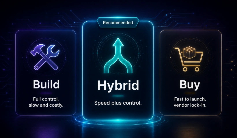 Types of AI solutions for iGaming platform implementation including build buy and hybrid options