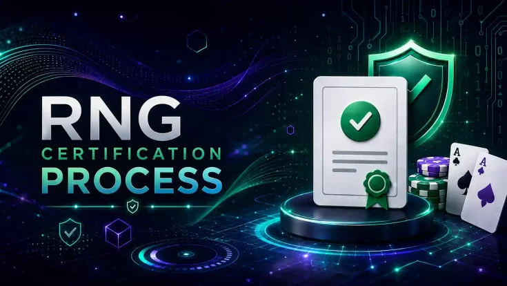 Casino game development process showing RNG configuration, paytable design, probability testing, and certification preparation