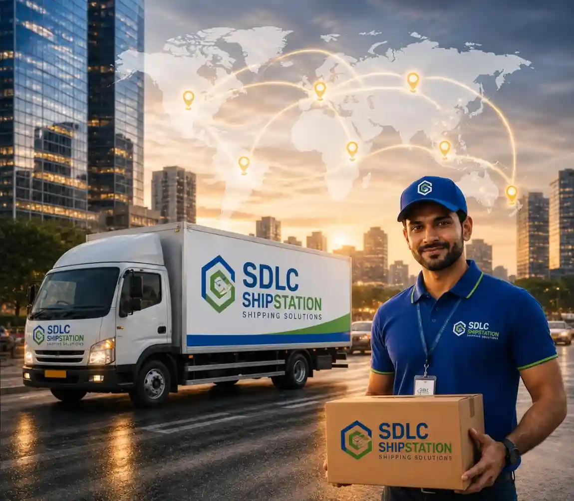 Warehouse fulfillment team using automated shipping software with packed orders