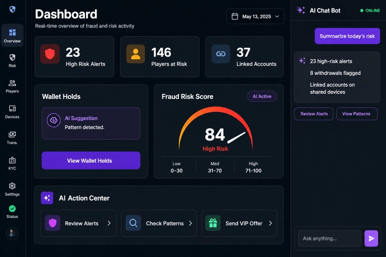AI chatbot assistant dashboard helping iGaming operators automate player support and escalate sensitive cases