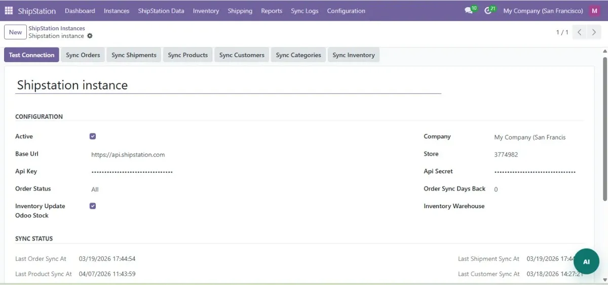 Connect ShipStation API credentials inside Odoo