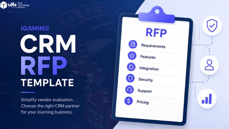 iGaming CRM RFP template for vendor evaluation and CRM selection, featuring proposal checklist, compliance review, integration assessment, and subtle casino gaming elements in a professional blue business design.