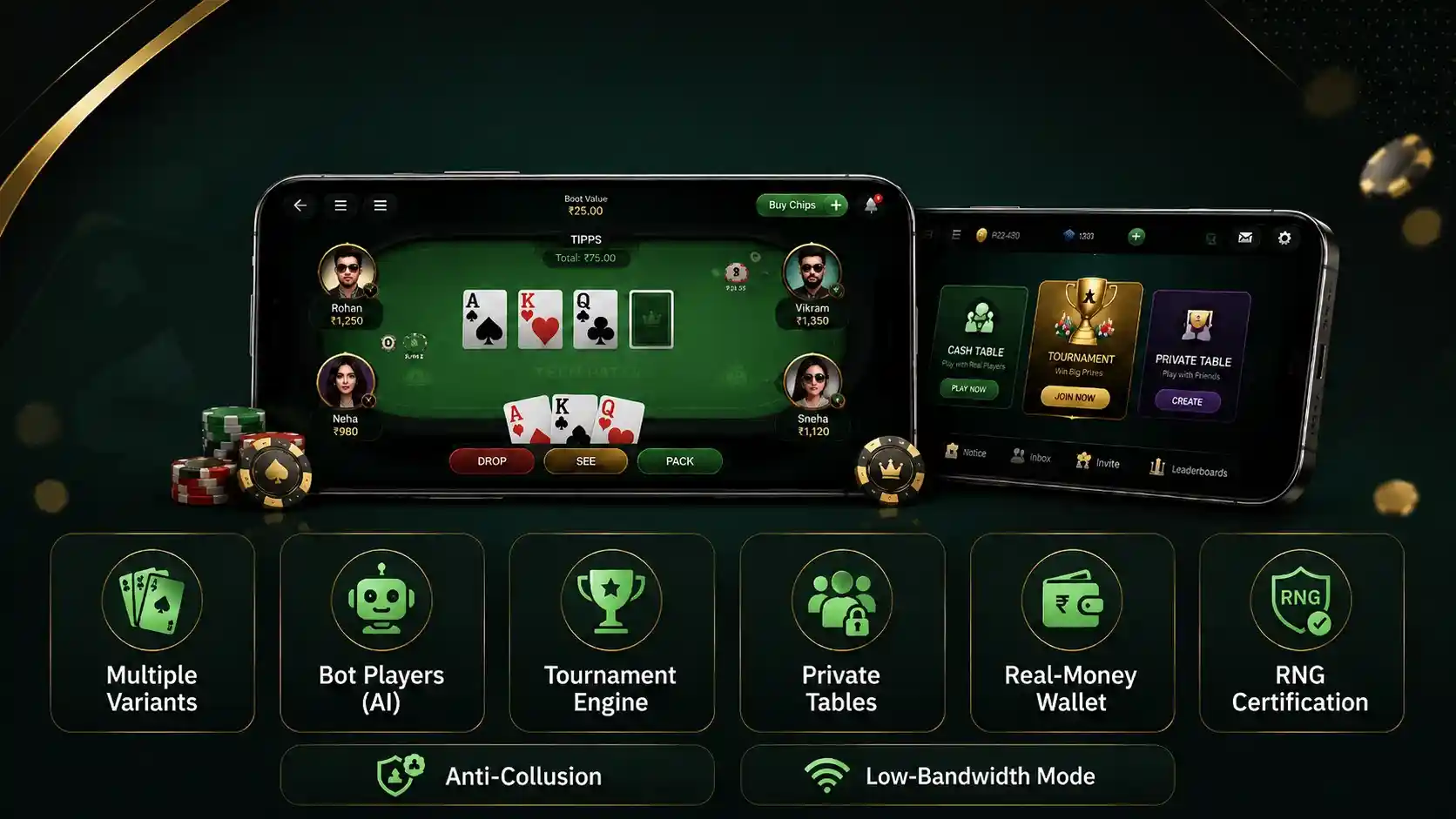 Card Game Platform Features - Multiplayer Lobby, Variant Selection, Tournament Access, and Player Management Card game platform features overview showing multiplayer table lobby, game variant selection, and player profile interface