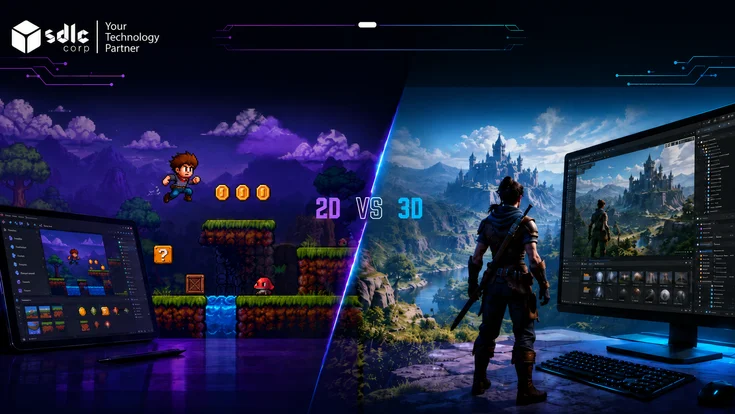 2D vs 3D game development comparison showing cost, timeline, platform, and game style differences