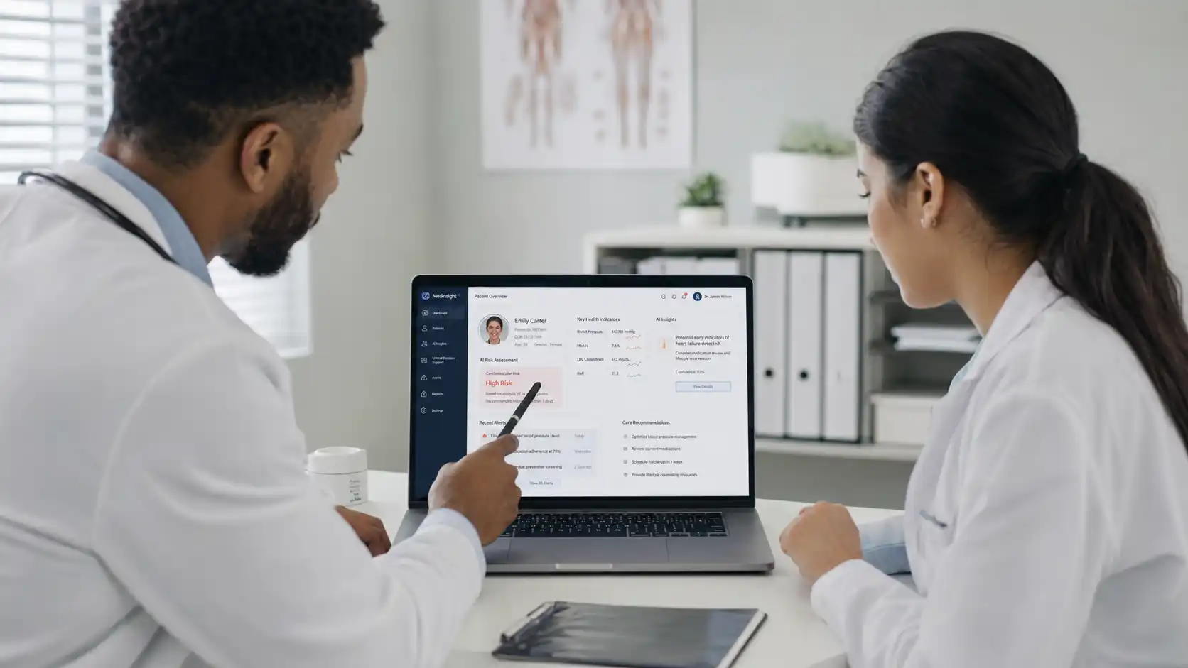 healthcare software system with laptop and medical equipment for digital patient data management