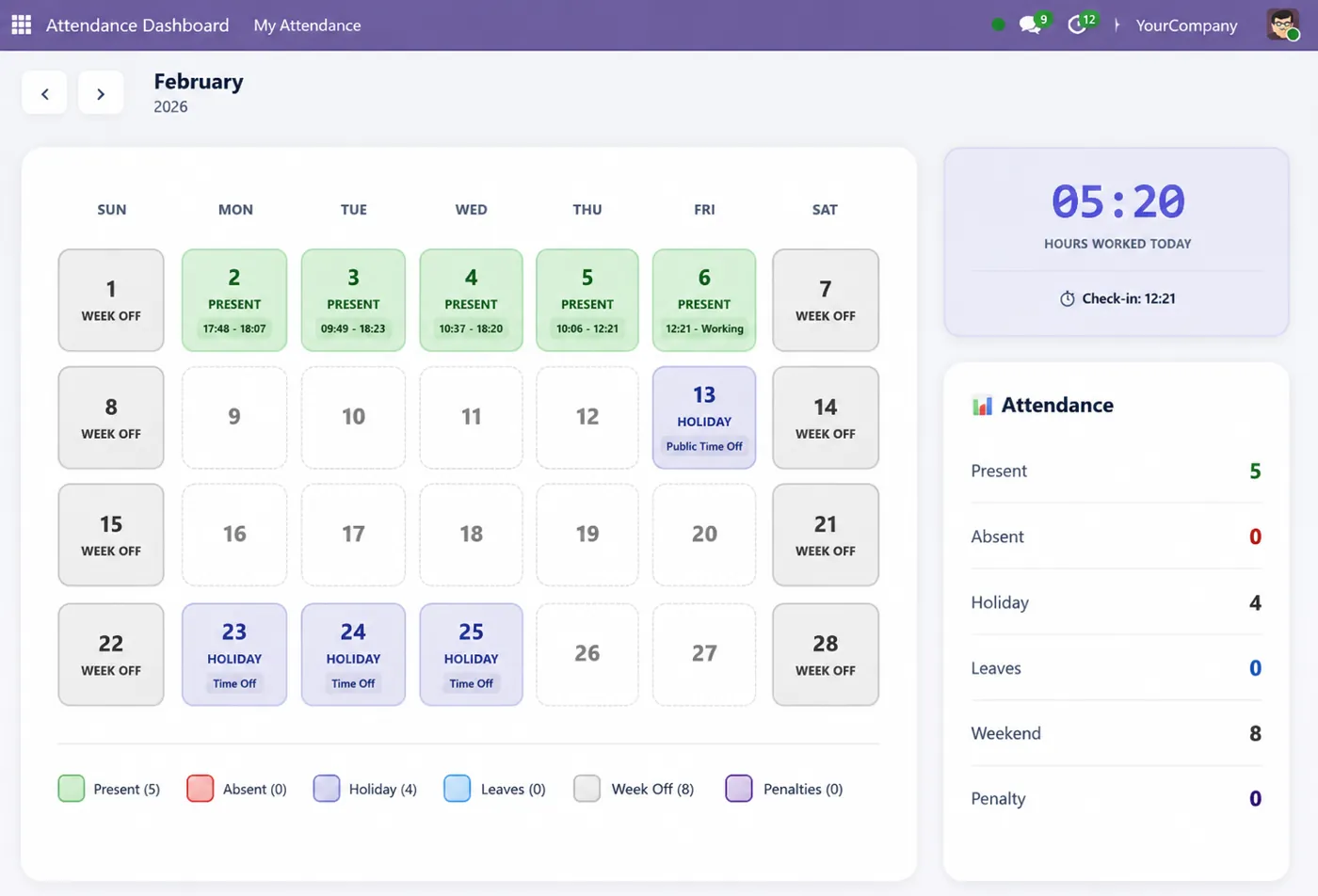 Odoo HRMS Dashboard showing employee attendance calendar
