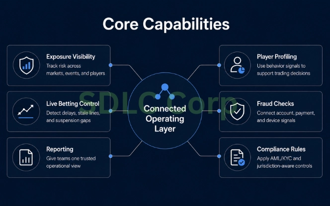 Core capabilities of sportsbook management software for exposure visibility, player profiling, live betting controls, fraud checks, compliance rules, and margin reporting