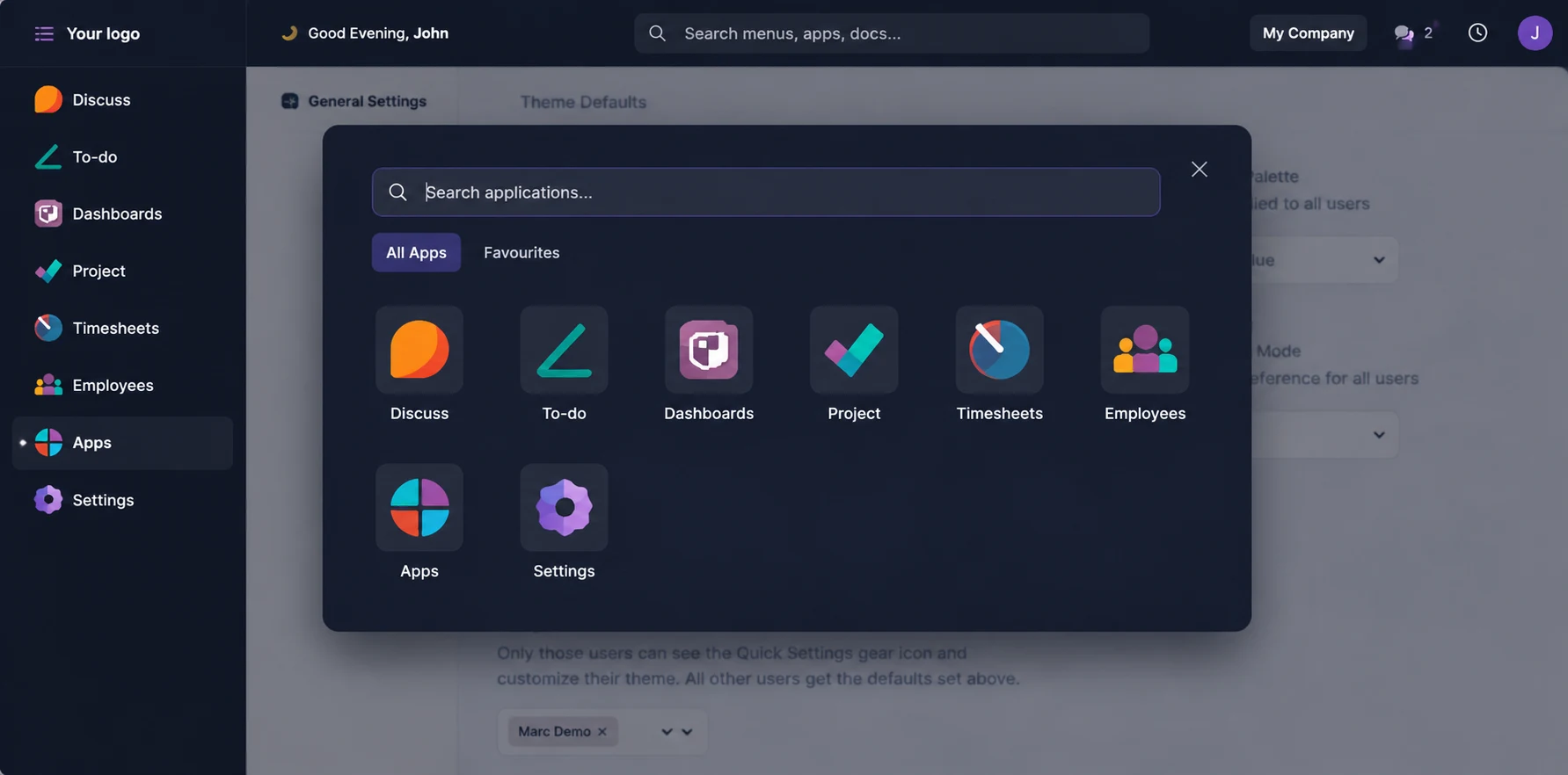 Dark app drawer in Premium Odoo Backend Theme
