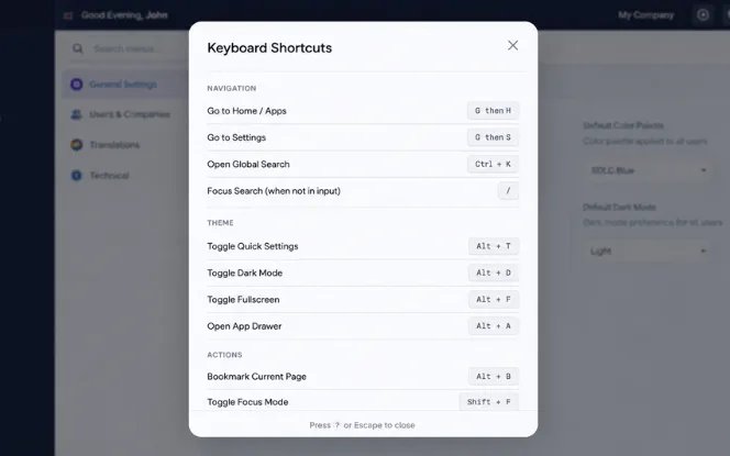 Keyboard shortcuts modal in Premium Odoo Backend Theme