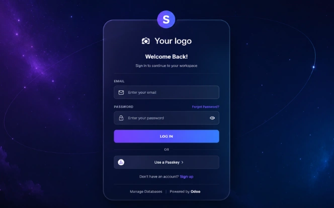 Premium login screen in Premium Odoo Backend Theme