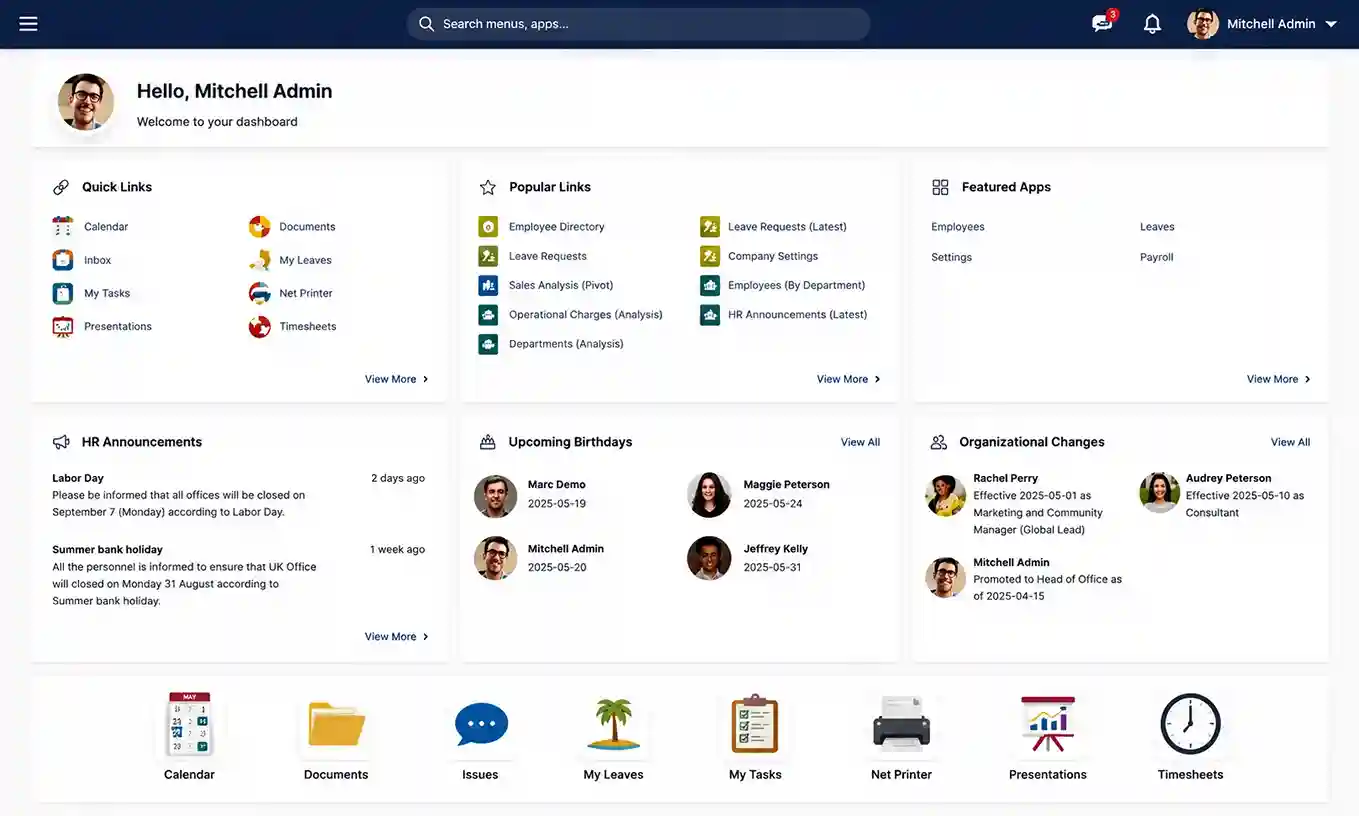 Odoo HRMS Dashboard for employee records and HR reporting