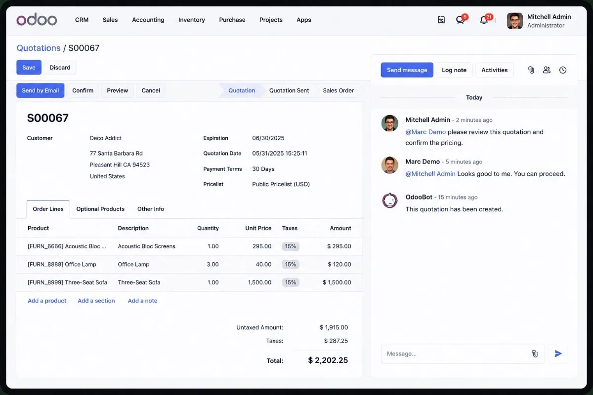 Modern Odoo chatter workspace compatibility preview