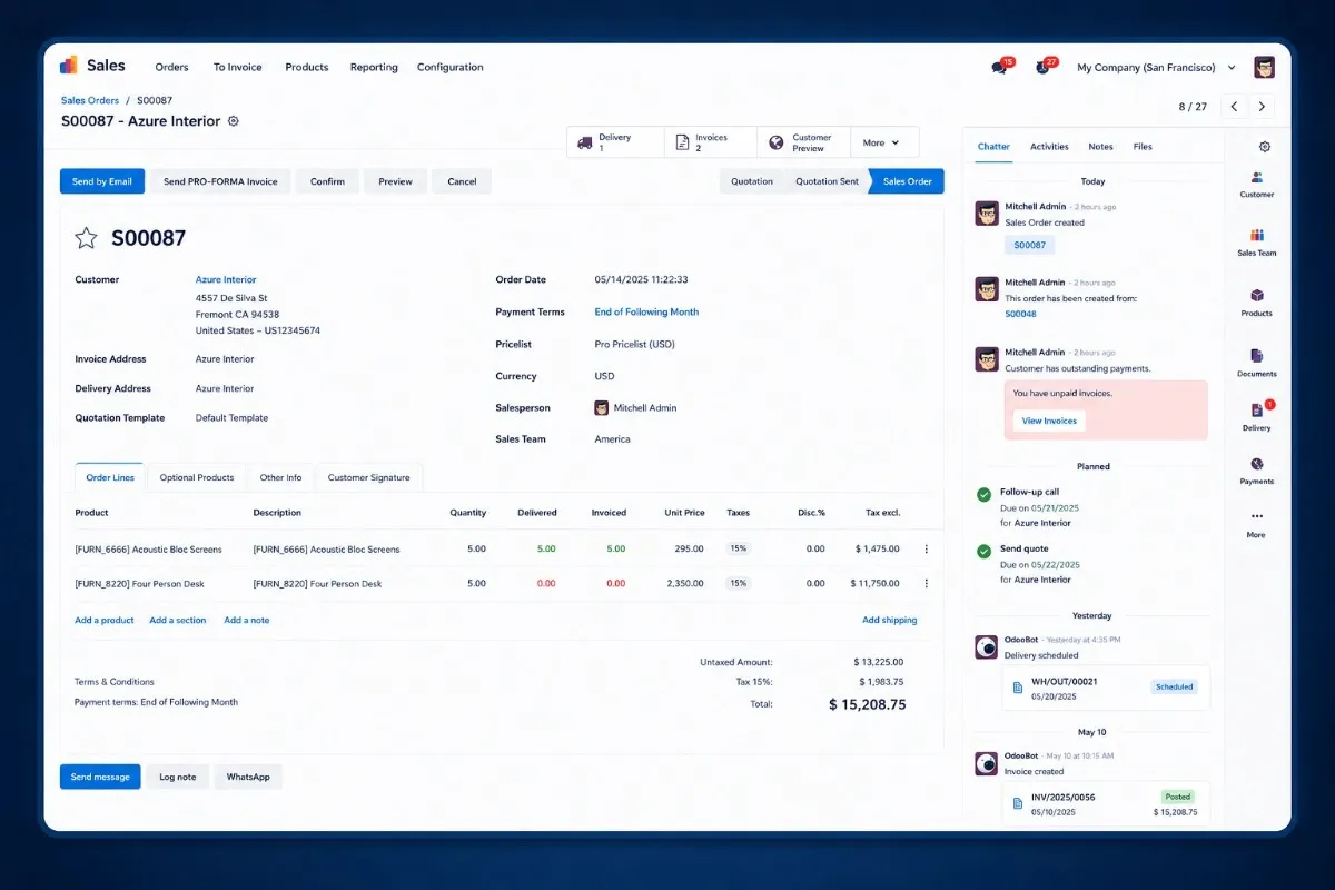 Odoo 18 chatter position custom module showing side chatter layout for flexible workspace management