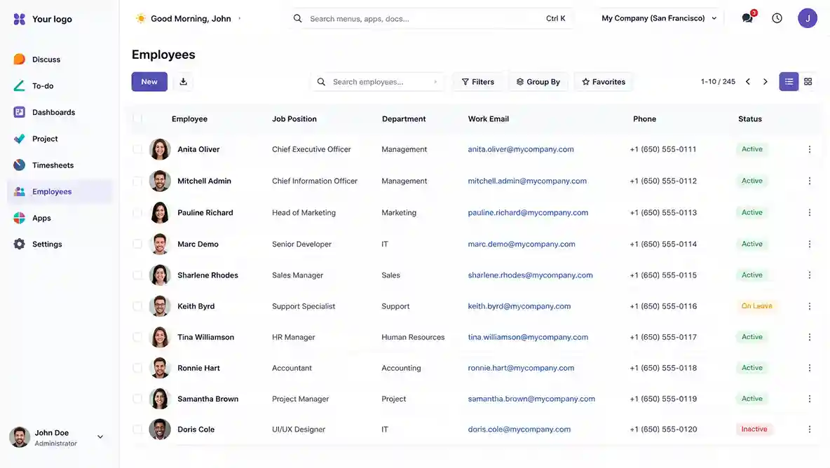 Employee list view in Premium Odoo Backend Theme