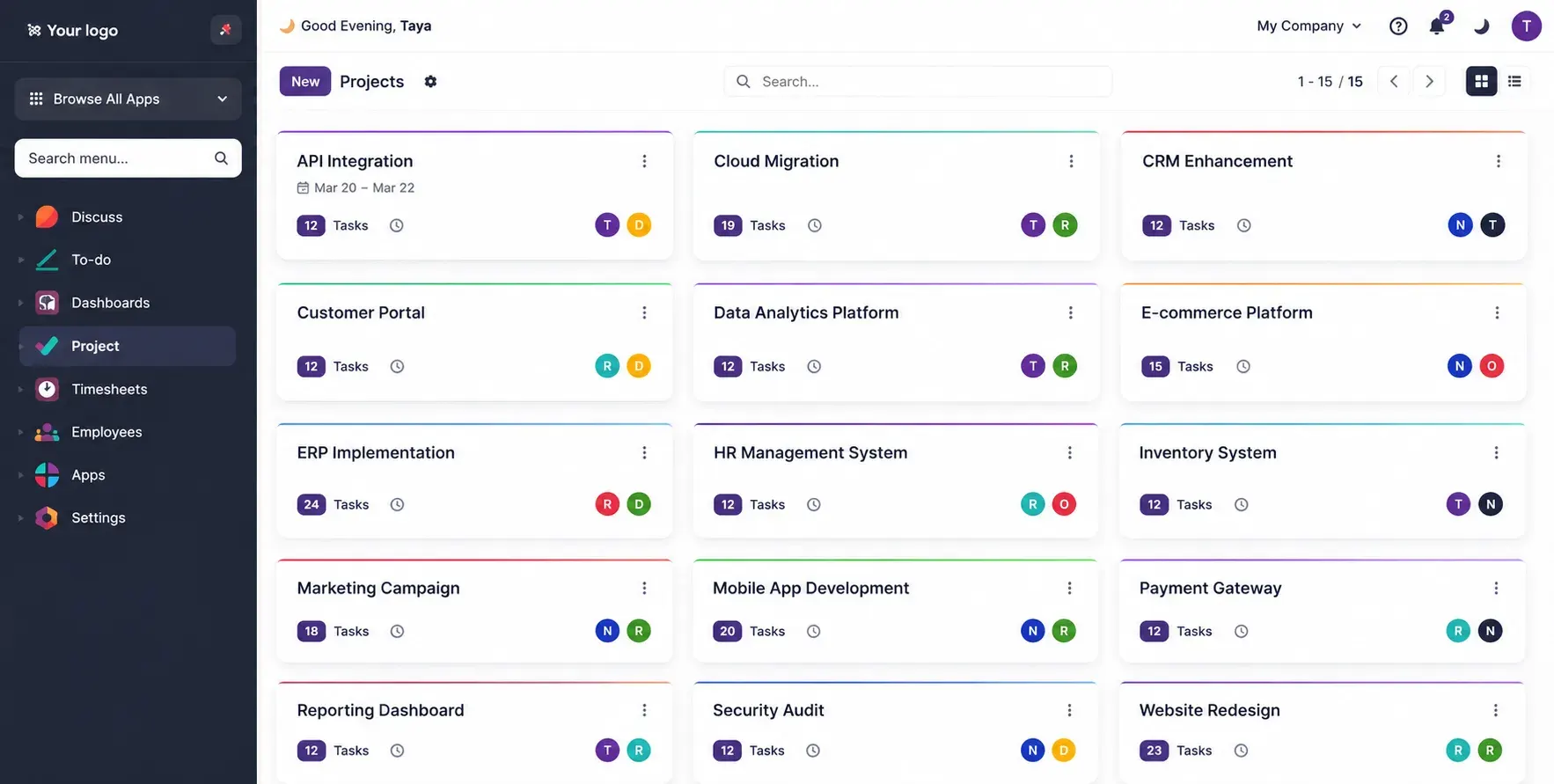 Project dashboard view in Premium Odoo Backend Theme