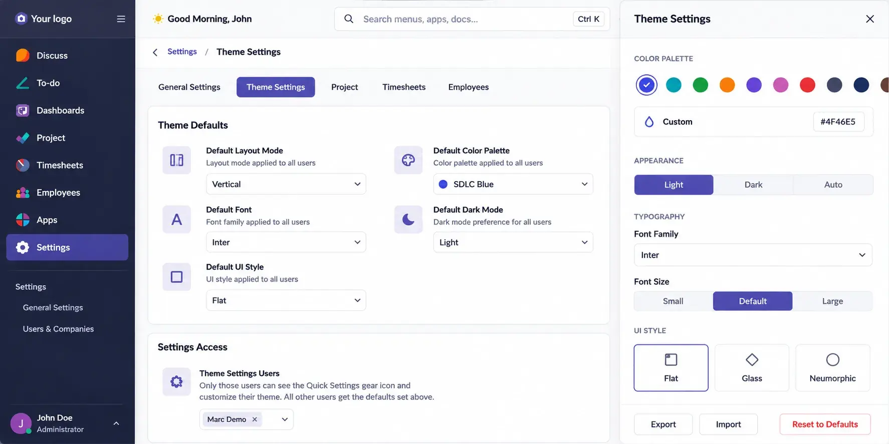 Analytics dashboard with theme controls in Premium Odoo Backend Theme