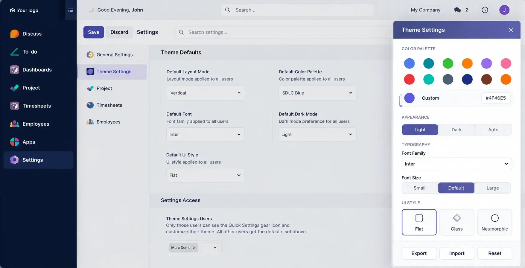 Theme settings panel in Premium Odoo Backend Theme