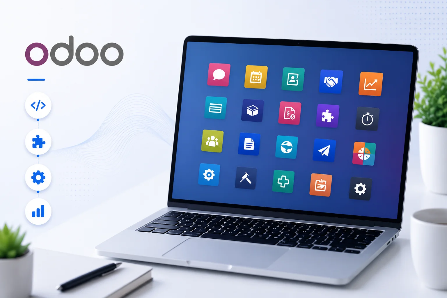 Custom Odoo ERP development services USA connecting Sales, CRM, Inventory, Accounting, Project, and Website modules