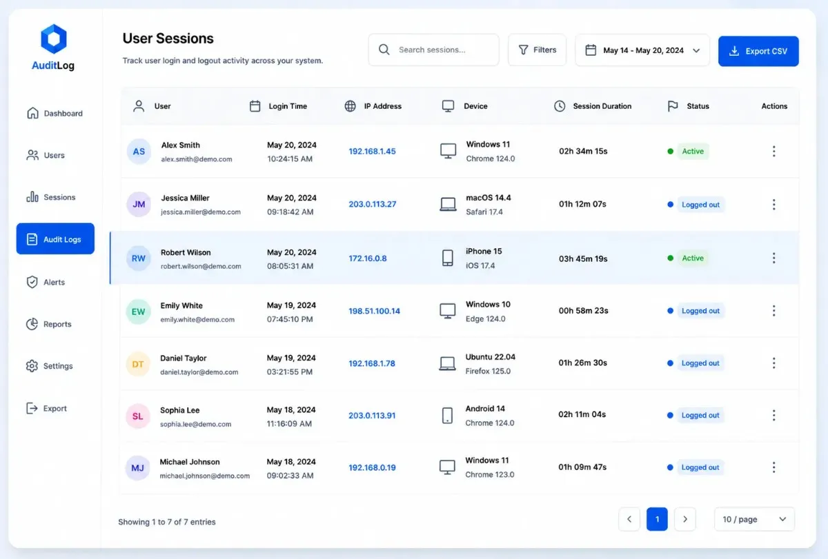 Odoo login audit dashboard showing user sessions and access records