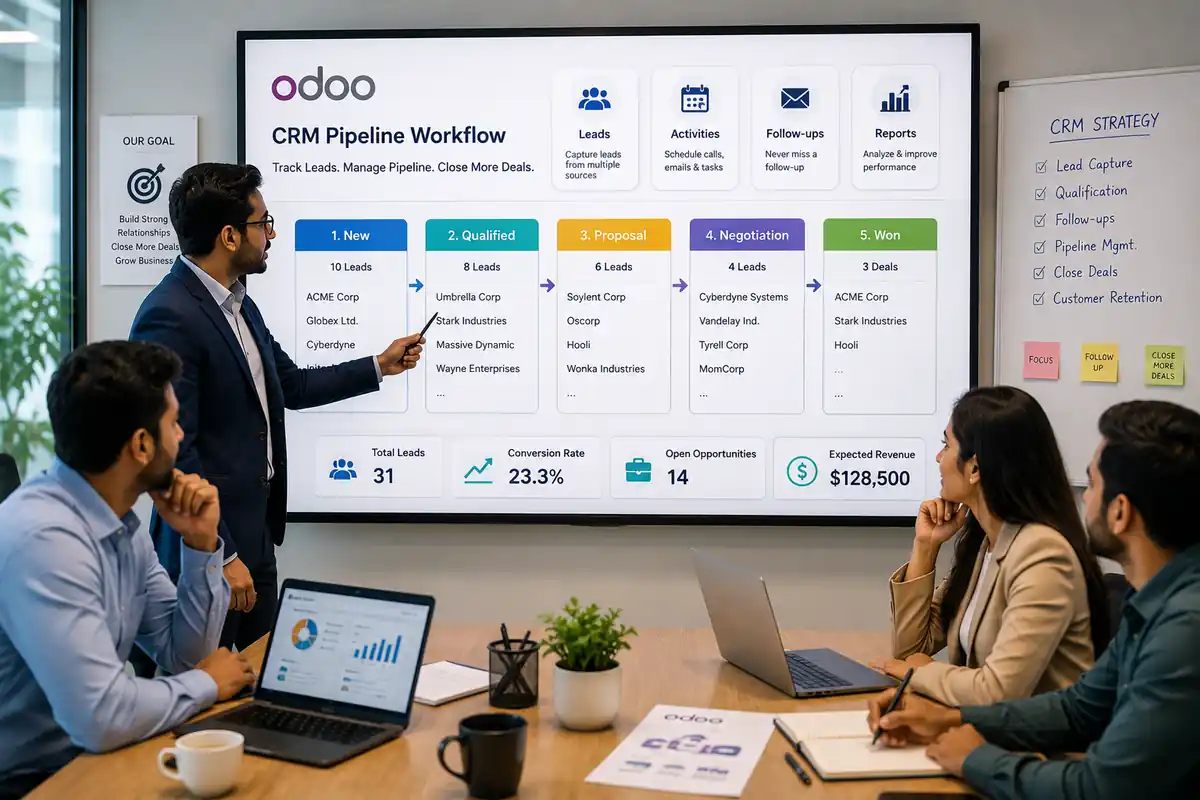 Odoo CRM consultant explaining sales pipeline workflow planning for lead tracking, follow-ups, reporting, and CRM setup
