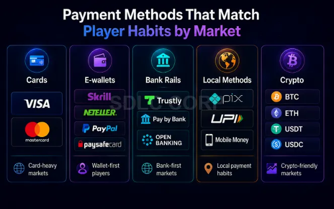 iGaming payment methods dashboard showing cards e-wallets bank rails local payment options and crypto payments for player habits by market