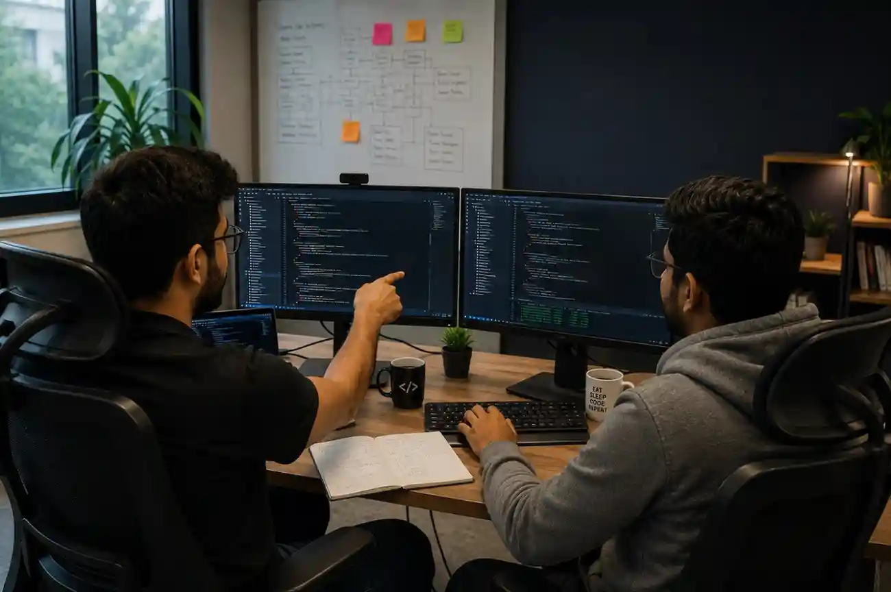 Dedicated startup engineering pod with developers and code delivery illustration by SDLC Corp
