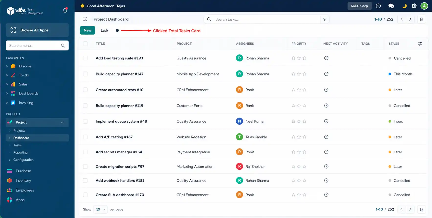 Odoo dashboard for project tracking, overdue task reporting, and employee visibility