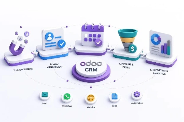 Odoo CRM feature flow showing lead capture, lead management, sales activities, pipeline tracking, and reporting analytics