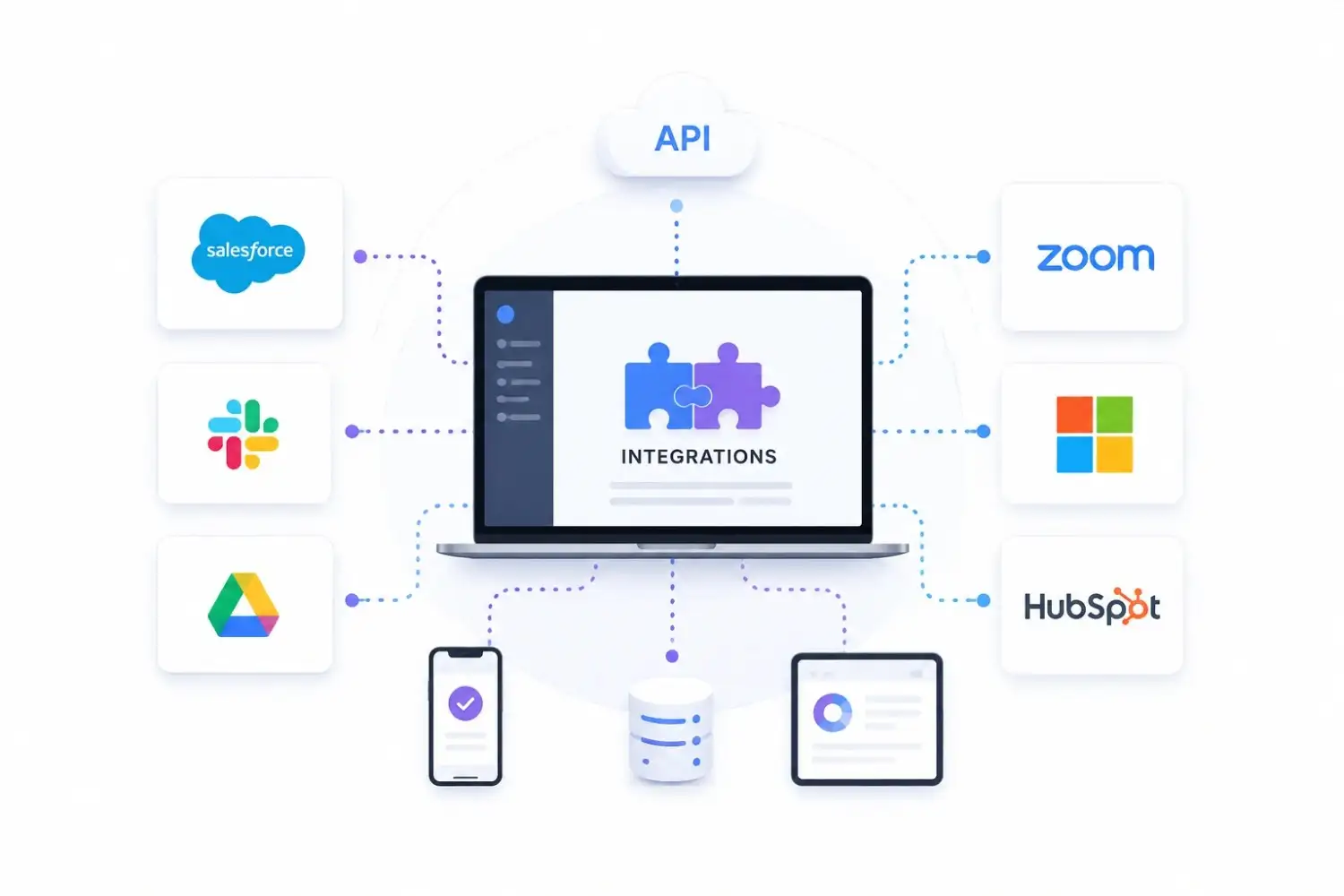 Software integration services connecting database systems network hub and API endpoints in one unified stack