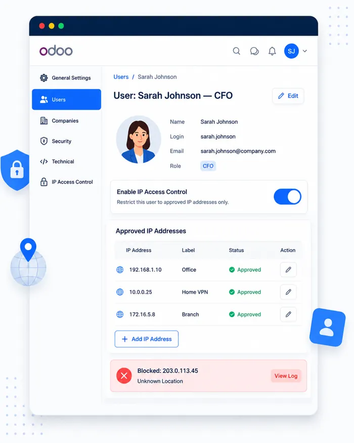 Odoo IP Access Control whitelist setup dashboard