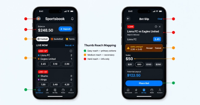 Mobile UI mockup of a sportsbook application demonstrating optimized thumb-friendly navigation and ergonomic layout zones.