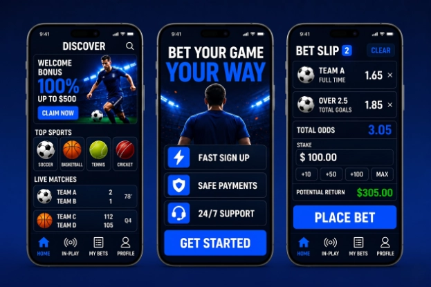 Sportsbook UX flow illustrating the complete player journey from market discovery to bet placement, deposit, and cashout.
