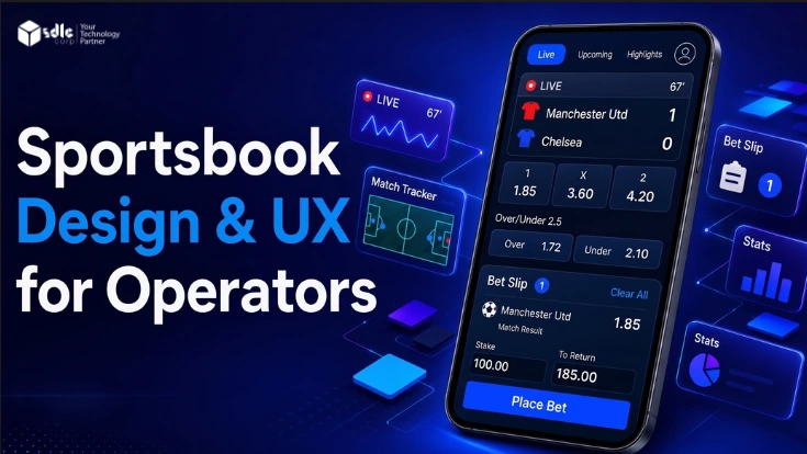 Sportsbook mobile UI featured image showing clear betting interface, live match view, bet slip, and operator focused sportsbook UX design