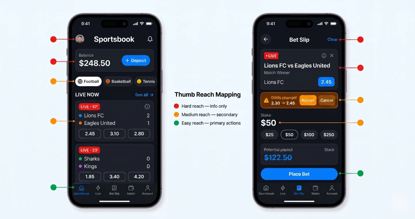 Mobile UI mockup of a sportsbook application demonstrating optimized thumb-friendly navigation and ergonomic layout zones.