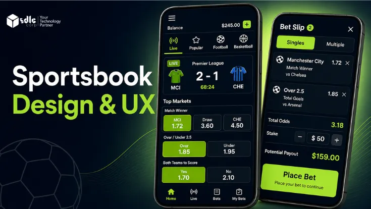 Sportsbook Design and UX featured image showing clear mobile betting app screens with bold bet slip and live betting interface